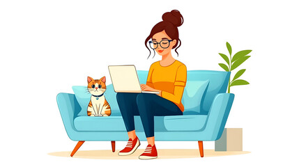 Woman working remotely on her laptop, comfortably seated on a blue couch with her cat, in a cozy home illustration. Remote work, online education, freelance concept.