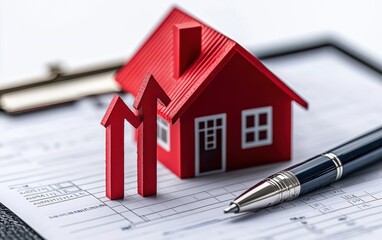 Close-up of checklist with red checkmark next to model house and pen on clipboard, representing real estate or home inspection 3D