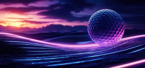 A vibrant, stylized golf ball illuminated by neon lights, set against a dramatic sunset backdrop, creating a futuristic atmosphere. 3D