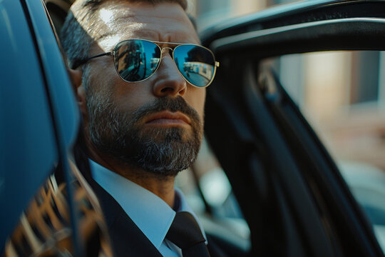 Serious and ready professional bodyguards in suits generative AI technology
