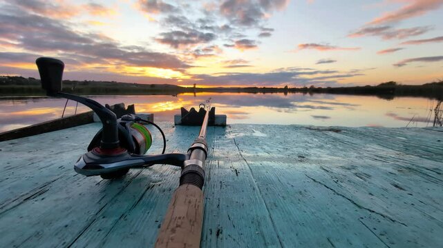 fishing rod and reel, sunset fishing at Corrib river at Galway, Ireland, spinning, angling, catch and release, sport and leisure, nature background