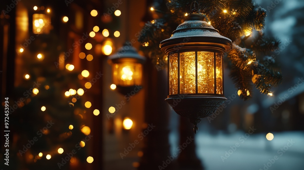 Sticker Glowing golden lanterns hanging from a porch, illuminating the night with a soft, warm light, and surrounded by gold-themed Christmas decorations. 4K hyperrealistic photo.