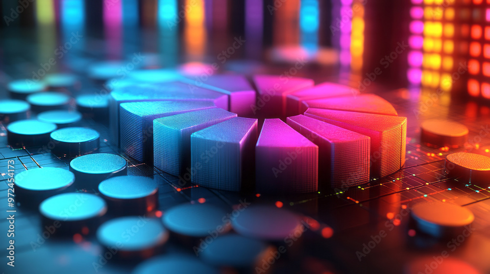Poster An isometric background with 3D pie charts floating above a digital grid,