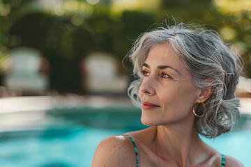 People resting by the poolside swimming in crystal clear turquoise water rich resort summer vacation Generative AI picture