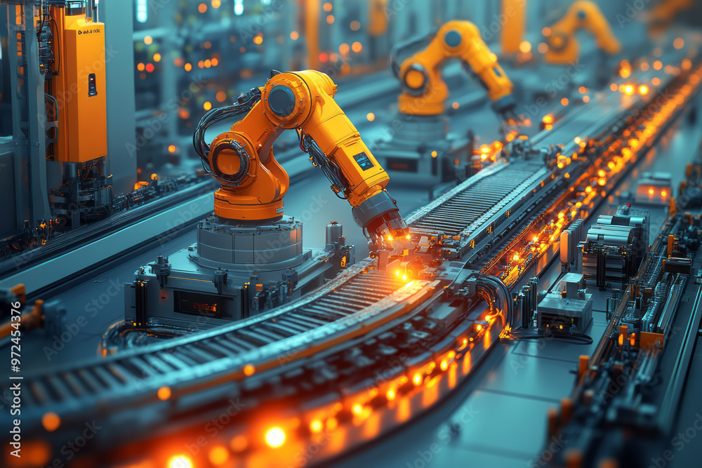 Poster an isometric view of a tech-driven manufacturing plant,