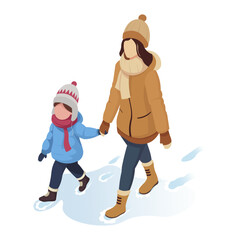 Mother and child walking on a snowy path dressed in winter outfits. Isometric style on white background. Concept of family and winter activities. Vector illustration