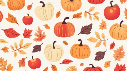 Harvest Delight - Autumn-themed Seamless Pattern with Geometric Pumpkins, Leaves, and Apples