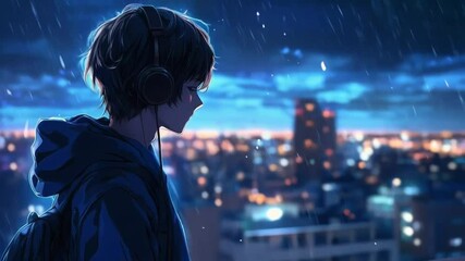 Lofi animation . Alone man with Headphones on Rooftop at Night in the Rain - Powered by Adobe