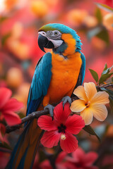 Obraz premium A vibrant parrot perched on a branch covered in tropical flowers, such as bright red hibiscus and yellow plumeria,
