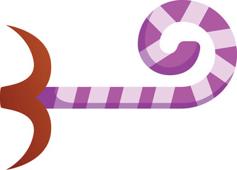 Purple and white striped party blower making noise with brown mouthpiece