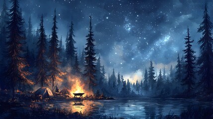 Fototapeta premium A serene campsite at dawn, fish sizzling on a holographic grill, pine trees towering under a glowing augmented sky, cool blue tones, Sci-Fi, Watercolor