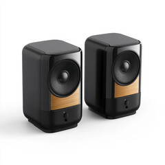 Obraz premium Pair of sleek black speakers with wooden accents on a white background, showcasing contemporary and stylish audio equipment.