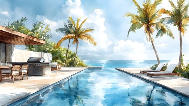 A serene poolside BBQ scene with a modern grill, perfectly cooked steaks, and luxurious lounge chairs amidst tropical palm trees, rendered in soft watercolor, Watercolor, Pastel shades
