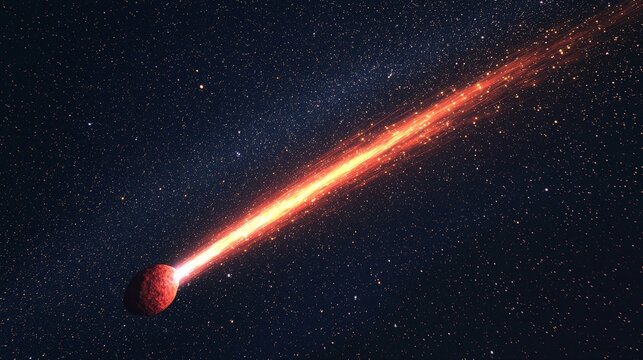 A red-tailed comet streaking across the night sky, leaving a trail of light behind