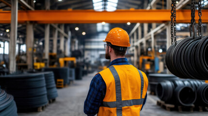 Back view of a factory worker in a safety helmet and vest, overseeing a large industrial warehouse filled with equipment and materials.