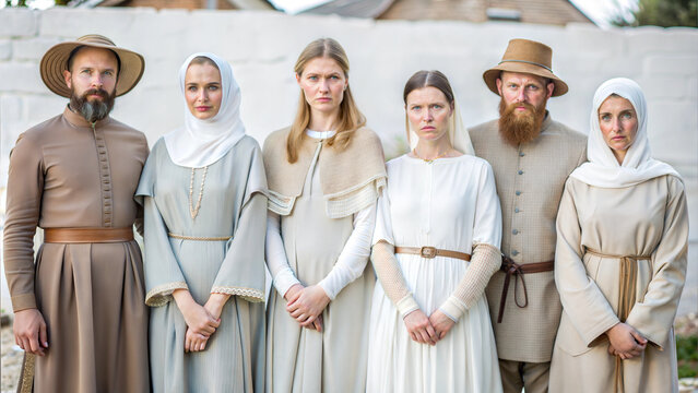 Group of pilgrims dressed in traditional attire for Thanksgiving celebration
