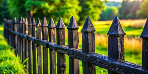 Fototapeta premium A beautiful rustic fence, adorned with sharp black posts, fades softly into the blurred natural surroundings, its