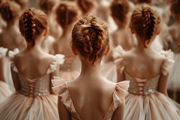 Generative AI picture of beautiful children preparing ballet dance school performance in stage ballroom gown