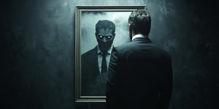 Man sees monstrous reflection in mirror.
