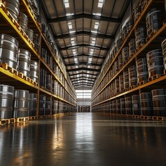 Fototapeta premium Barrels inside distribution center. Chemical products warehouse in hangar. Storehouse interior without anyone. Barrels of petrolium on flights. Chemical warehouse with multi-tiered shelves. 3d image
