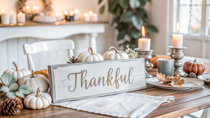 "Thankful" sign on a rustic table with pumpkins, candles, and fall decorations.