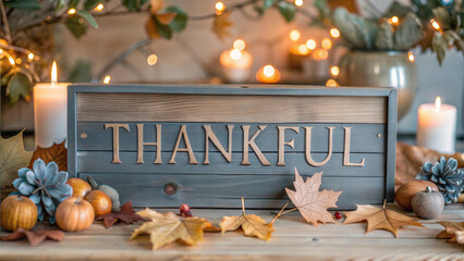 Rustic wooden "Thankful" sign with pumpkins, candles, and autumn leaves on a table.