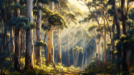 A dense forest of towering eucalyptus trees, with sunlight filtering through the branches, representing Australia’s diverse plant life 