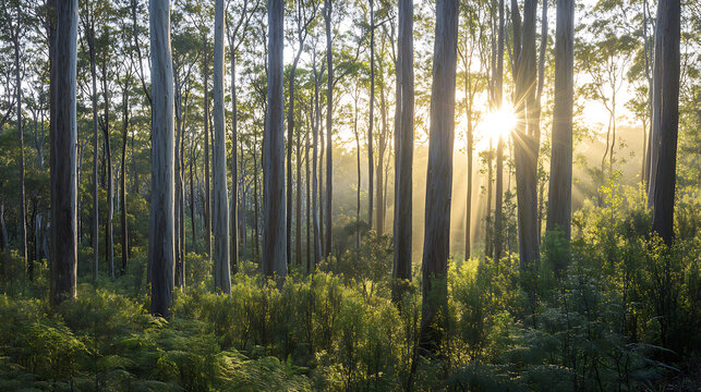 A dense forest of towering eucalyptus trees, with sunlight filtering through the branches, representing Australia’s diverse plant life  - Powered by Adobe