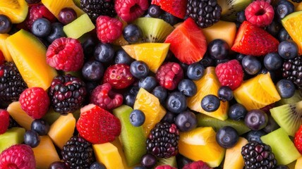 Fototapeta premium Delicious and Vibrant Medley of Mixed Berries, Kiwi, and Citrus Slices for a Fresh, Healthy Fruit Salad