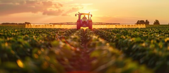 Sunset over agricultural field with tractor spraying crops