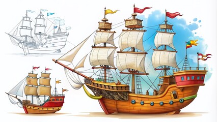 Obraz premium A step-by-step guide illustration on a white background, showcasing the process of drawing a colorful pirate ship with