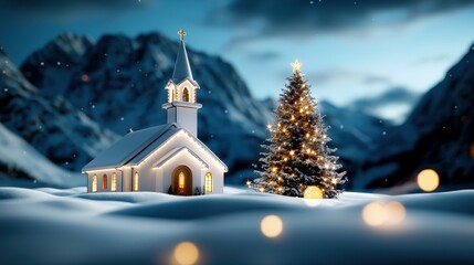 Fototapeta premium A serene winter scene featuring a white church and a decorated Christmas tree.