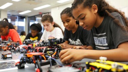 Focused Group of Students Working on Robotics Project, National STEM STEAM day,