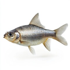 Fototapeta premium Shimmering Silver Barb Fish - Realistic Small Freshwater Fish with Detailed Scales, Isolated on White Background