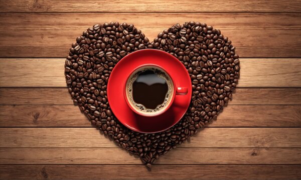Red cup of coffee on a wooden surface with coffee beans in a heart shape