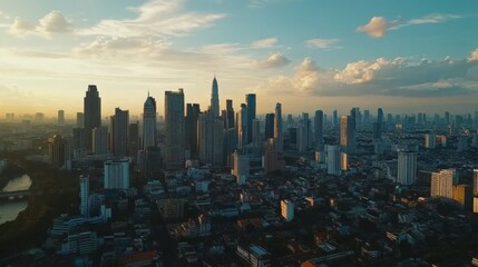 Fototapeta premium The skyline of Bangkok captured in an aerial shot, with skyscrapers standing tall over the