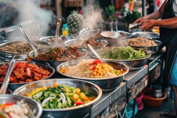 Fototapeta premium Vibrant Vegetarian Buffet with Fresh Salads, Curries, and Colorful Garnishes
