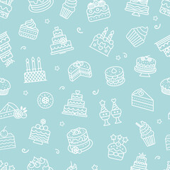 Seamless pattern featuring various cake and dessert illustrations on a turquoise background. Concept of desserts, celebration. Vector illustration