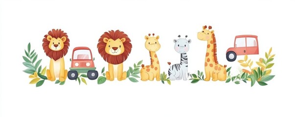 Obraz premium Safari background set with leopard, zebra, giraffe, and lion.Editable modern illustration for birthday invitations, postcards, and stickers.Words include 
