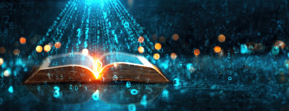 An ancient book lying open on a surface with glowing digital symbols floating out of it. - Powered by Adobe