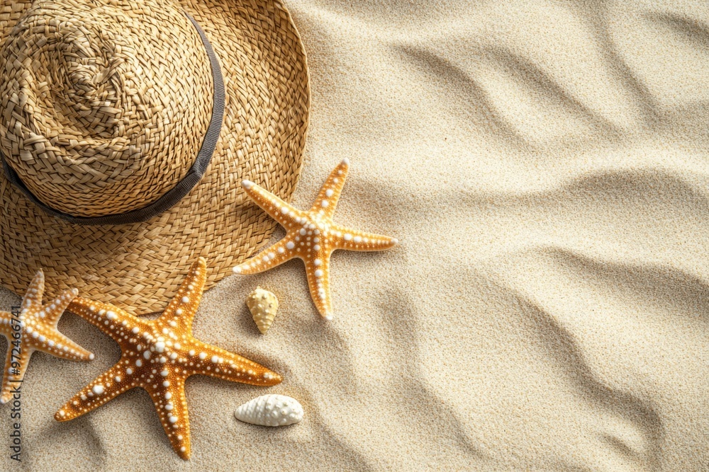 Poster beautiful summer background with a straw hat, starfish, and seashells on a sandy beach. view from ab