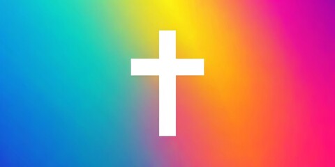 Obraz premium A crisp white cross emblem stands firm against a dynamic gradient of blue, pink, and yellow tones, resulting