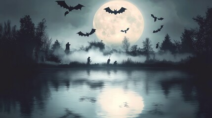 Halloween A haunting moonlit scene with bats flying over a misty landscape, creating an eerie atmosphere by the water's edge.