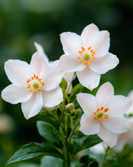 Obraz premium A beautiful close-up of three delicate white flowers with orange centers, set against a lush green background.