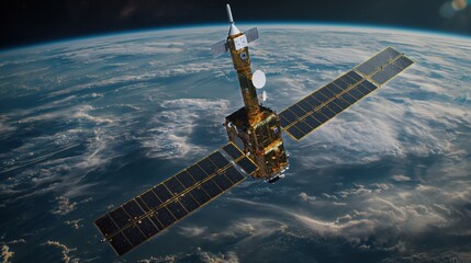 A space satellite above the Earth's surface. A telecommunications satellite providing global Internet and high-speed data transmission. A satellite in space, low Earth orbit. Space technology