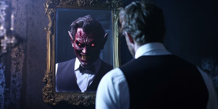 A man stares at his demonic reflection in a mirror.