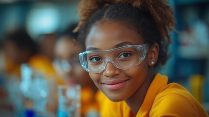 African American Girl in Science Class Smiling with Safety Goggles, Engaged in STEM Experiment with Beakers in the Background