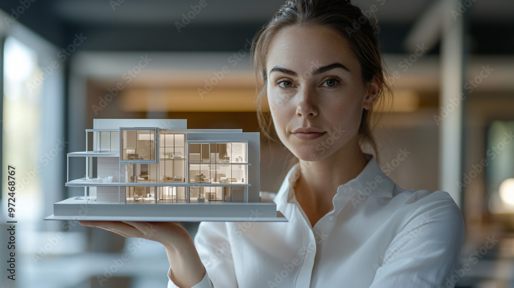 Poster architect showcasing innovative home model with modern blueprint, demonstrating dedication to functi