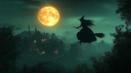 A witch flying across the night sky on her broomstick, with a glowing full moon behind her and a small town below