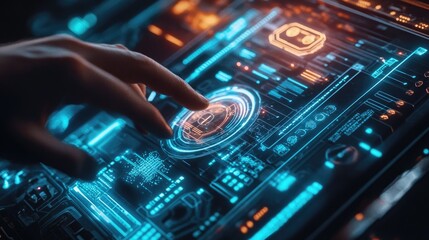 Fototapeta premium A hand hovers over a glowing, futuristic interface, interacting with digital data.
